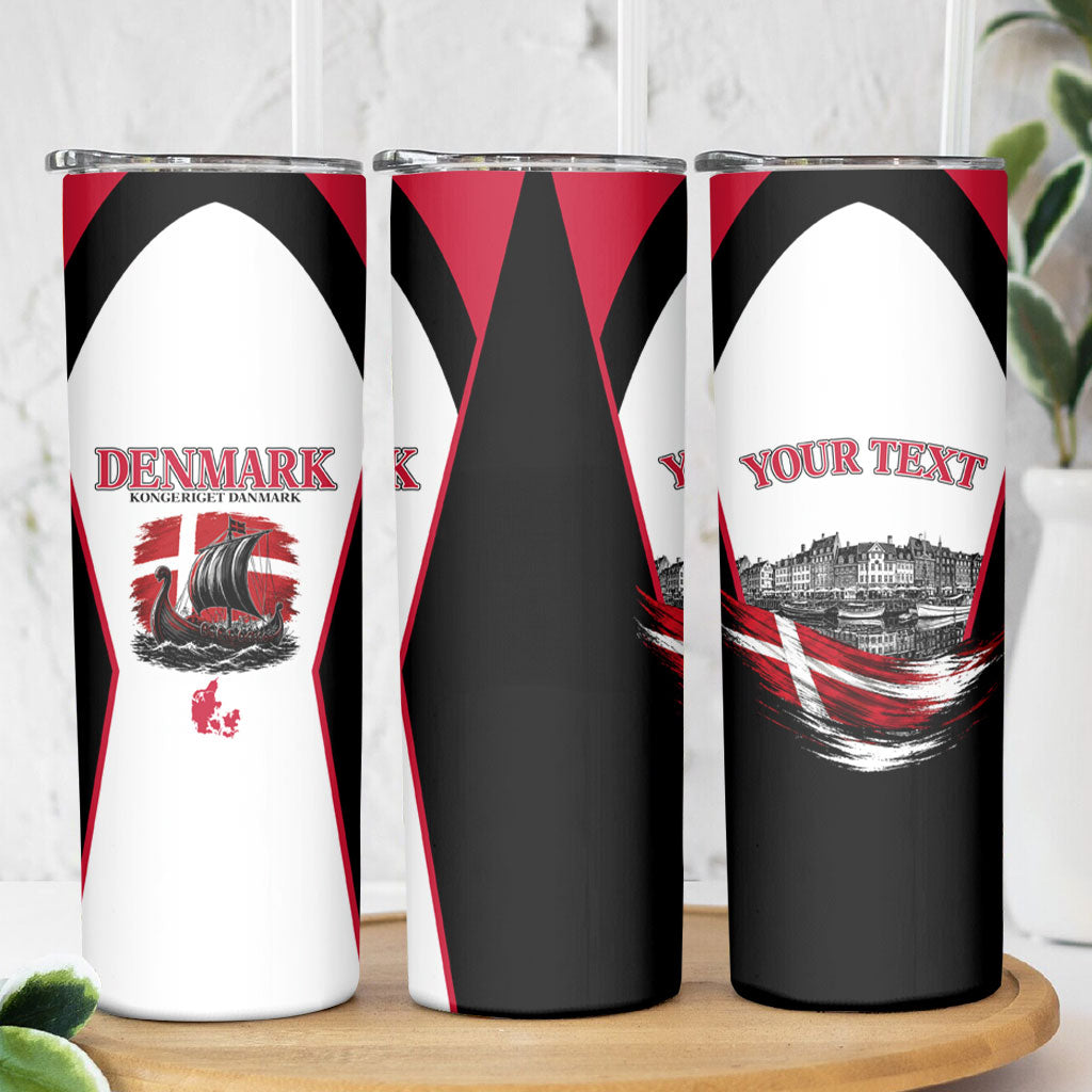 Personalized Denmark Viking Heritage Skinny Tumbler Nordic Nyhavn Cityscape With Grunge Flag And Longship Art