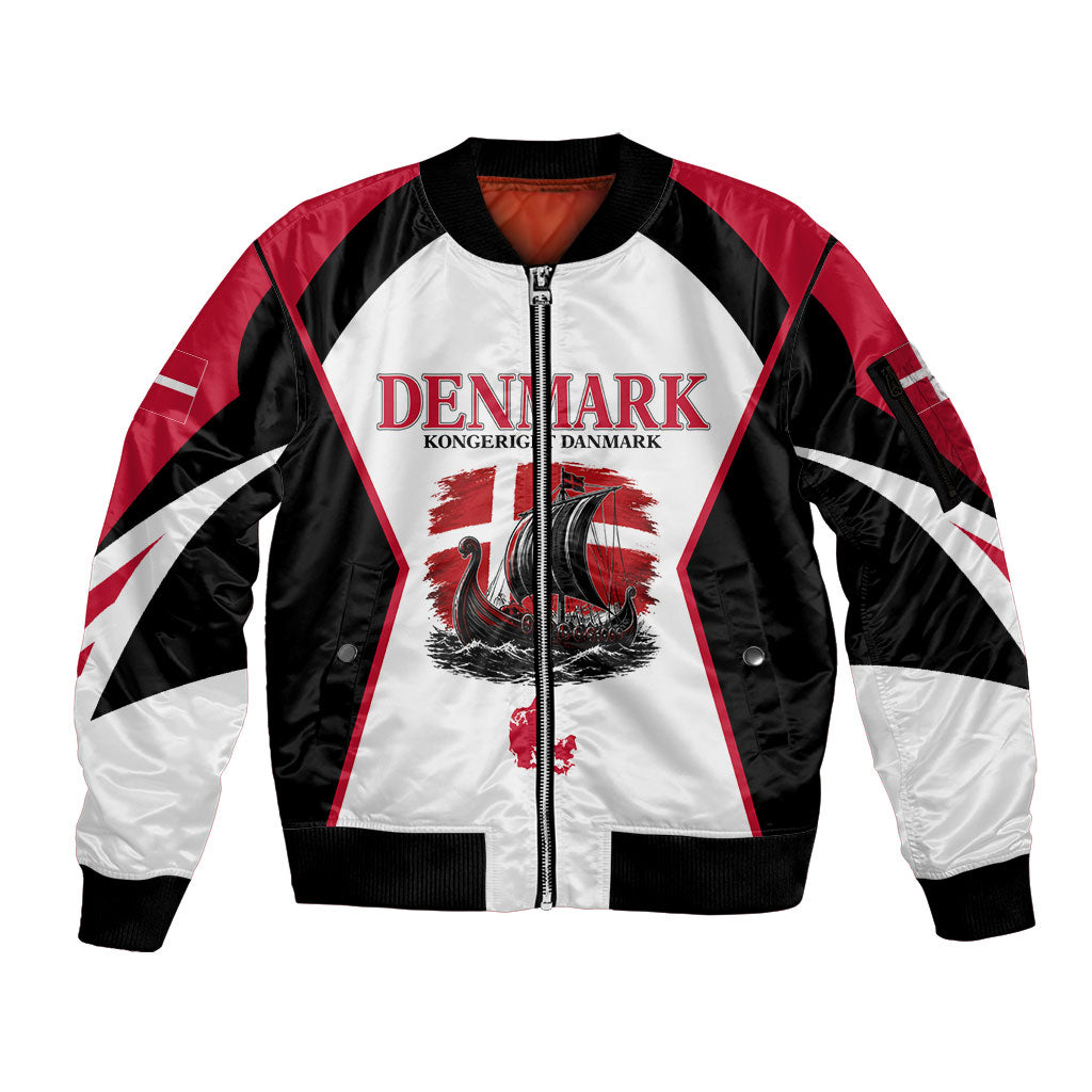 Personalized Denmark Viking Heritage Sleeve Zip Bomber Jacket Nordic Nyhavn Cityscape With Grunge Flag And Longship Art