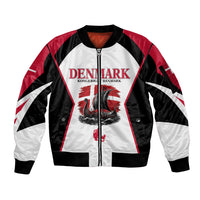 Personalized Denmark Viking Heritage Sleeve Zip Bomber Jacket Nordic Nyhavn Cityscape With Grunge Flag And Longship Art