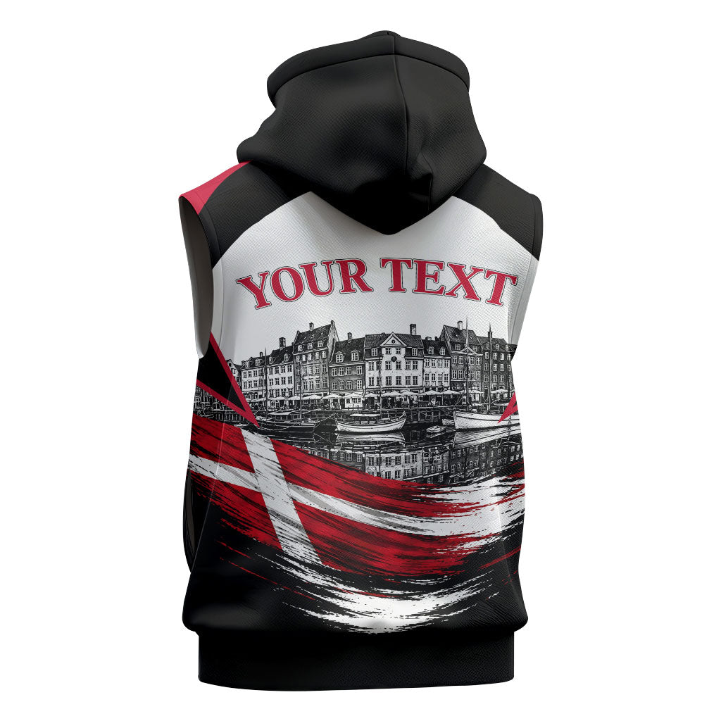 Personalized Denmark Viking Heritage Sleeveless Hoodie Nordic Nyhavn Cityscape With Grunge Flag And Longship Art