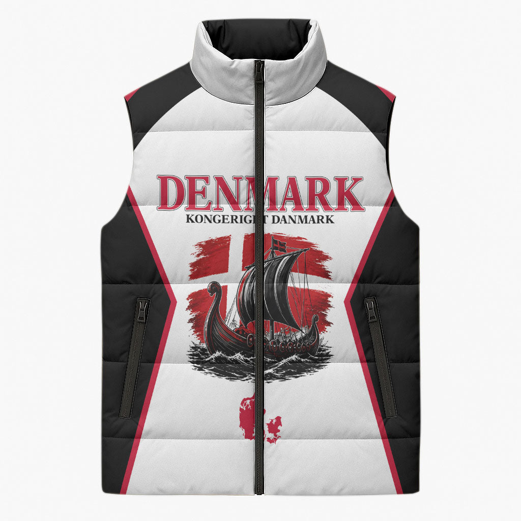 Personalized Denmark Viking Heritage Sleeveless Puffer Jacket Nordic Nyhavn Cityscape With Grunge Flag And Longship Art