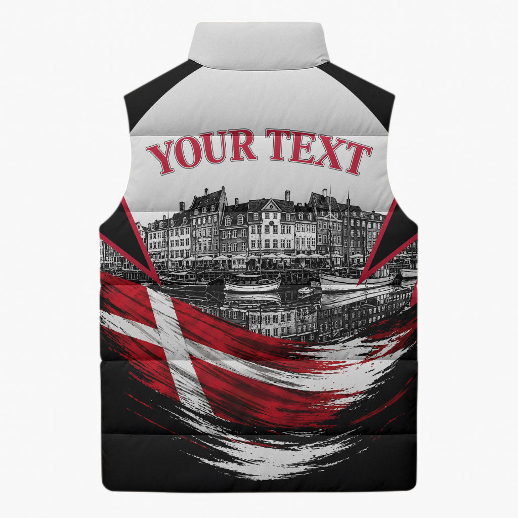 Personalized Denmark Viking Heritage Sleeveless Puffer Jacket Nordic Nyhavn Cityscape With Grunge Flag And Longship Art