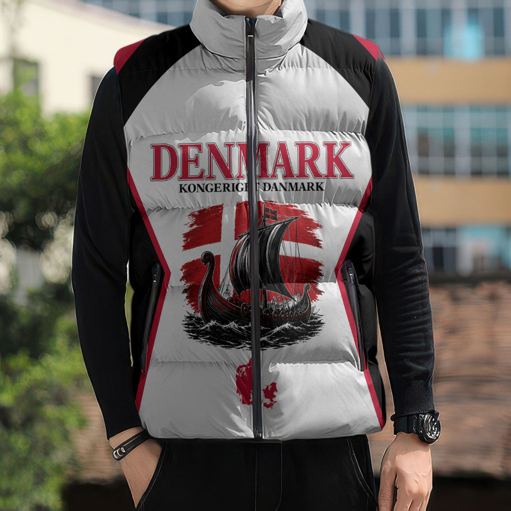 Personalized Denmark Viking Heritage Sleeveless Puffer Jacket Nordic Nyhavn Cityscape With Grunge Flag And Longship Art