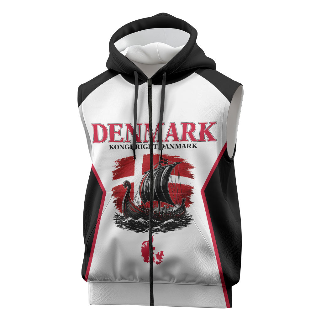 Personalized Denmark Viking Heritage Sleeveless Zip Hoodie Nordic Nyhavn Cityscape With Grunge Flag And Longship Art