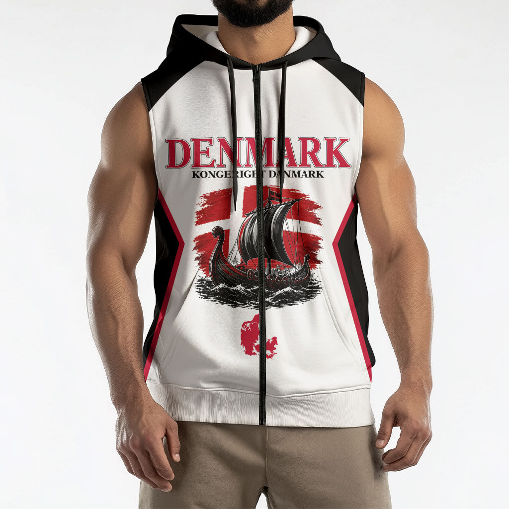 Personalized Denmark Viking Heritage Sleeveless Zip Hoodie Nordic Nyhavn Cityscape With Grunge Flag And Longship Art