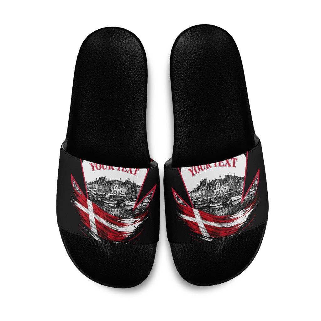 Personalized Denmark Viking Heritage Slide Sandals Nordic Nyhavn Cityscape With Grunge Flag And Longship Art