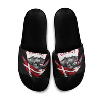 Personalized Denmark Viking Heritage Slide Sandals Nordic Nyhavn Cityscape With Grunge Flag And Longship Art