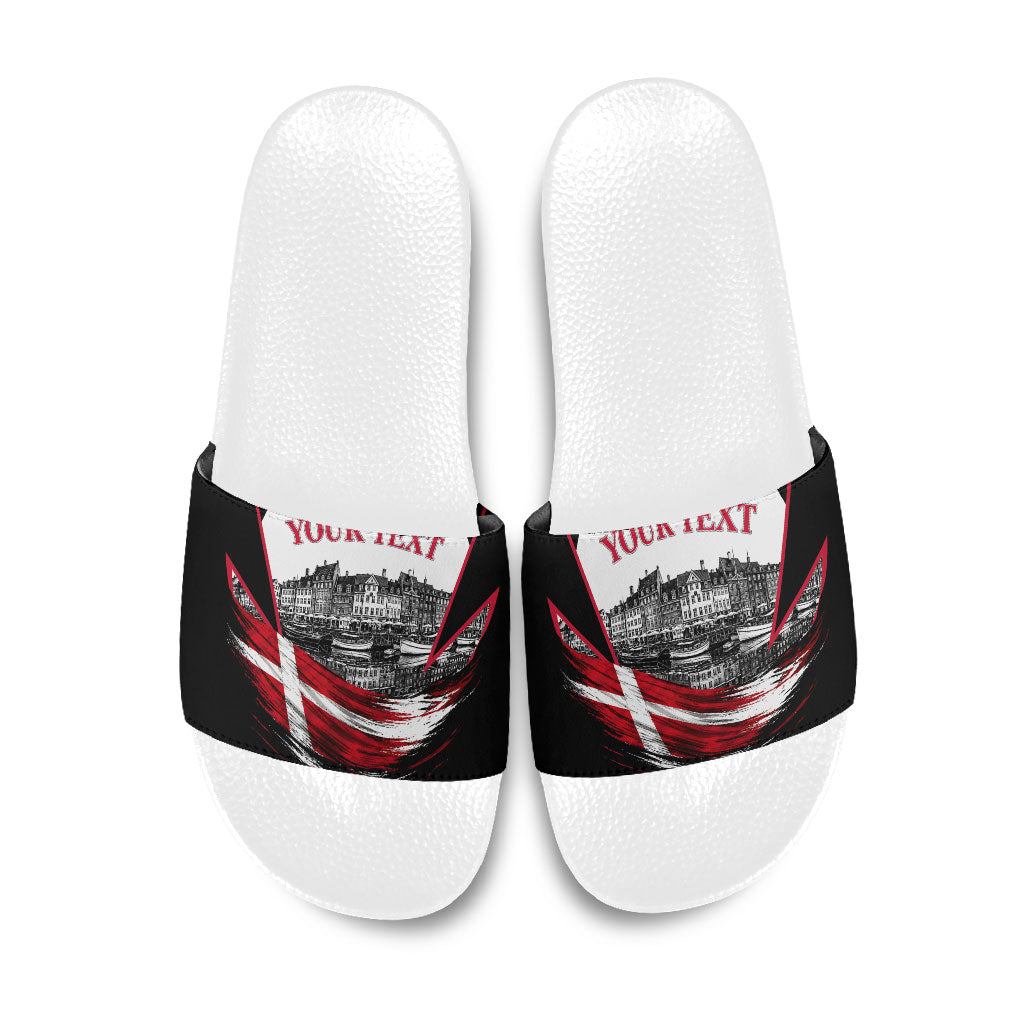 Personalized Denmark Viking Heritage Slide Sandals Nordic Nyhavn Cityscape With Grunge Flag And Longship Art