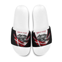 Personalized Denmark Viking Heritage Slide Sandals Nordic Nyhavn Cityscape With Grunge Flag And Longship Art