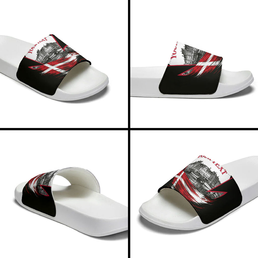 Personalized Denmark Viking Heritage Slide Sandals Nordic Nyhavn Cityscape With Grunge Flag And Longship Art
