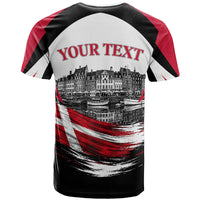 Personalized Denmark Viking Heritage T Shirt Nordic Nyhavn Cityscape With Grunge Flag And Longship Art