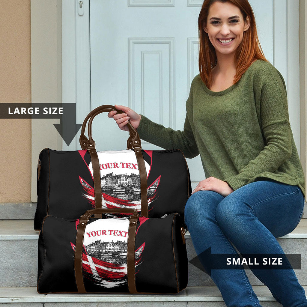Personalized Denmark Viking Heritage Travel Bag Nordic Nyhavn Cityscape With Grunge Flag And Longship Art