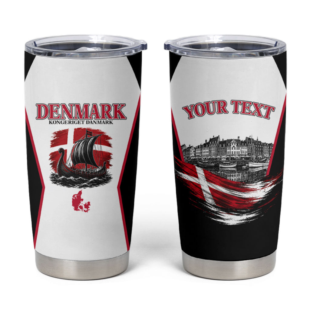 Personalized Denmark Viking Heritage Tumbler Cup Nordic Nyhavn Cityscape With Grunge Flag And Longship Art