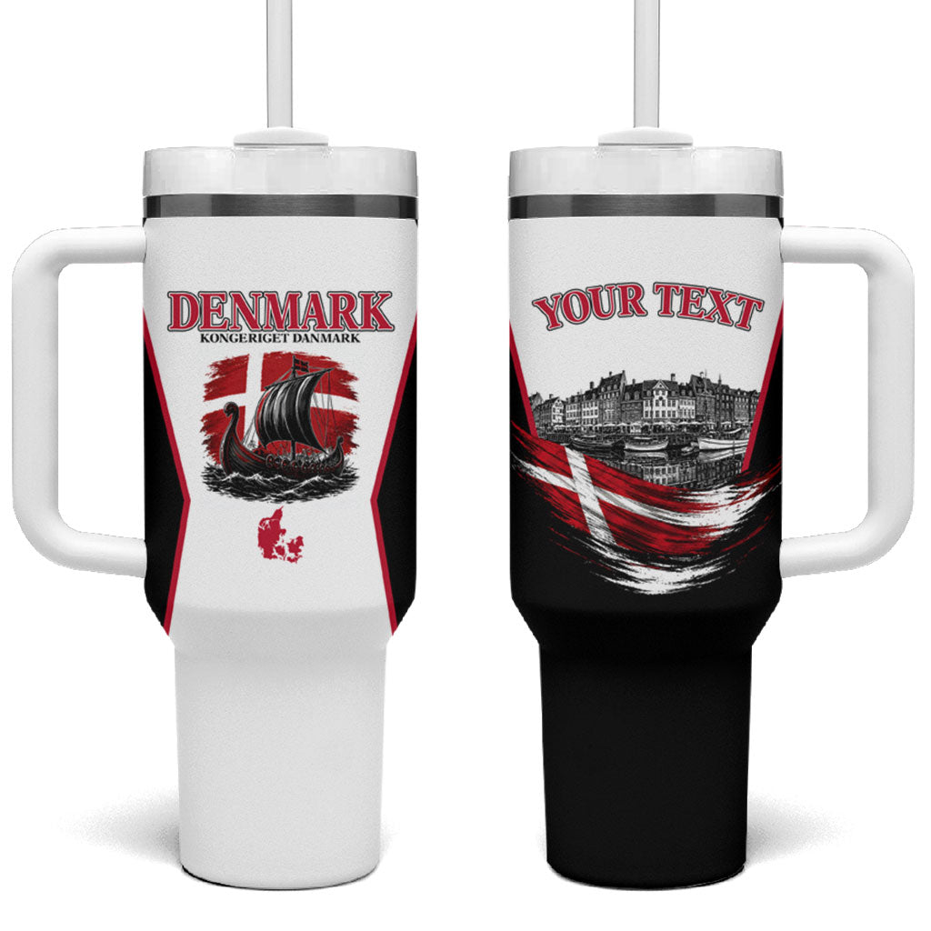 Personalized Denmark Viking Heritage Tumbler With Handle Nordic Nyhavn Cityscape With Grunge Flag And Longship Art