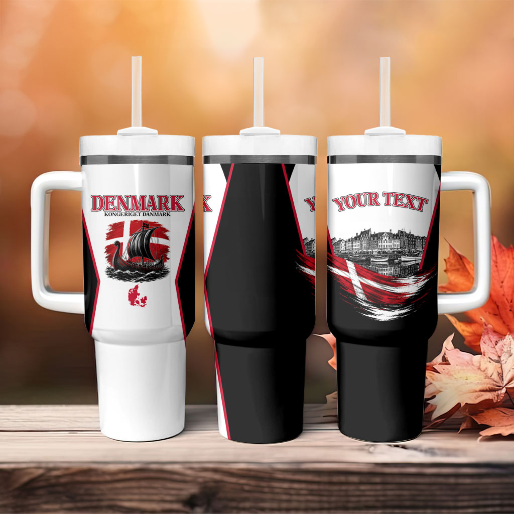 Personalized Denmark Viking Heritage Tumbler With Handle Nordic Nyhavn Cityscape With Grunge Flag And Longship Art