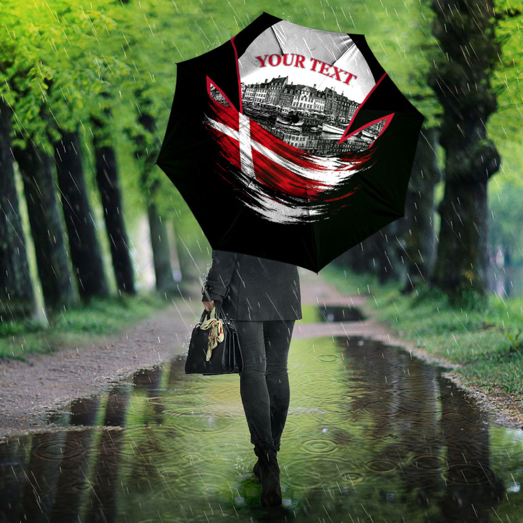 Personalized Denmark Viking Heritage Umbrella Nordic Nyhavn Cityscape With Grunge Flag And Longship Art