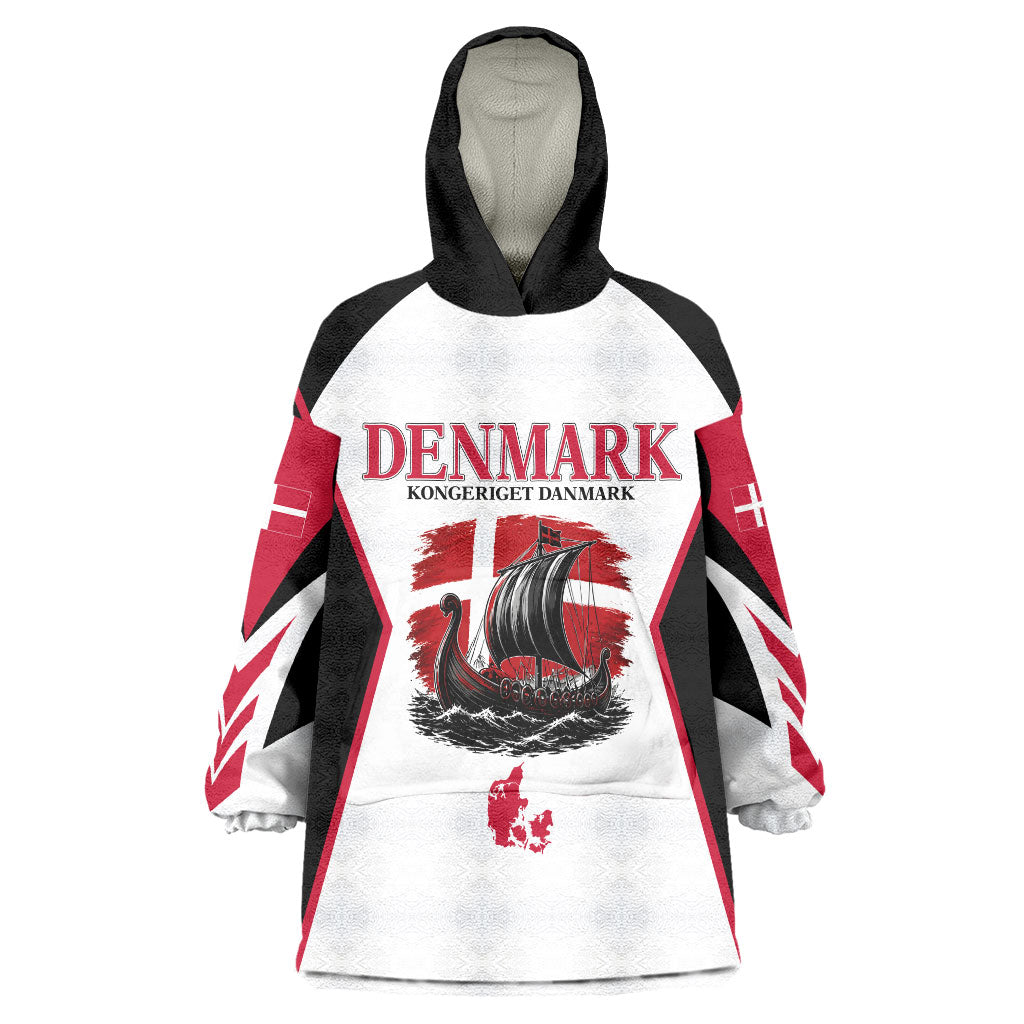 Personalized Denmark Viking Heritage Wearable Blanket Hoodie Nordic Nyhavn Cityscape With Grunge Flag And Longship Art