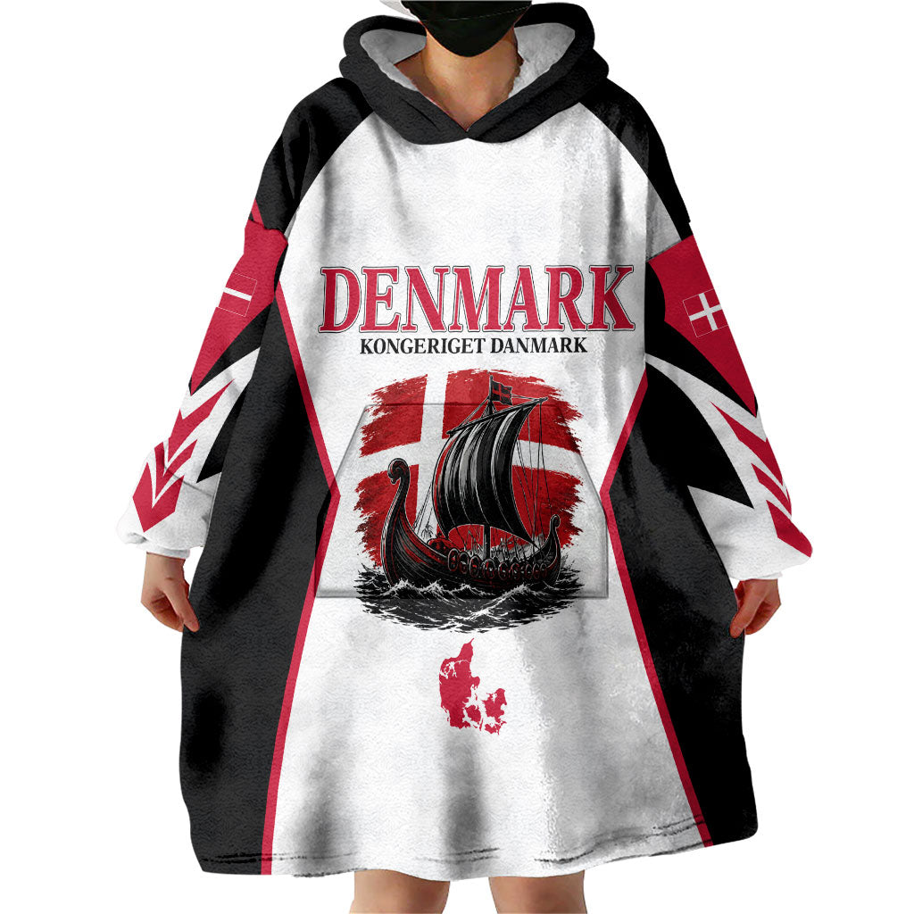 Personalized Denmark Viking Heritage Wearable Blanket Hoodie Nordic Nyhavn Cityscape With Grunge Flag And Longship Art