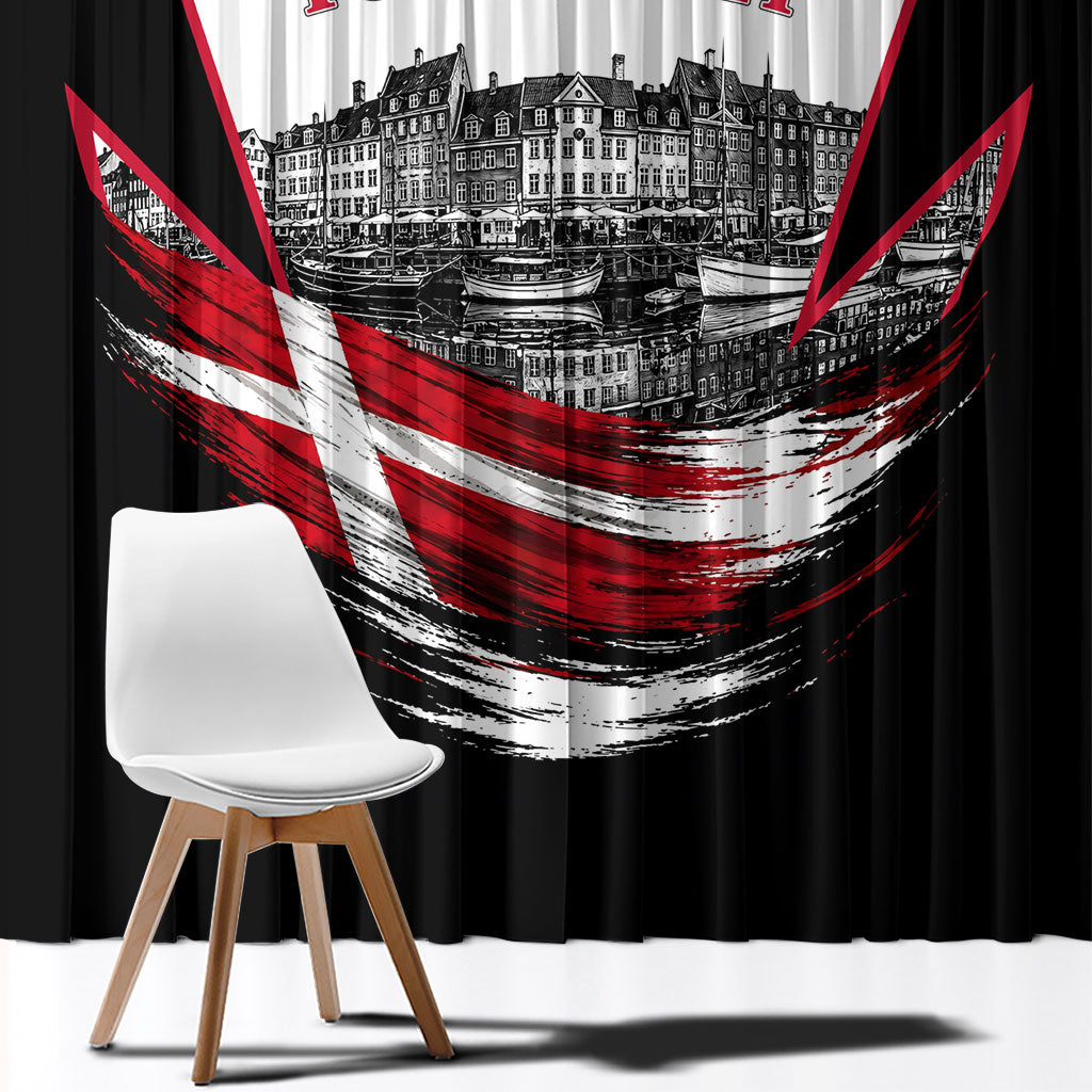 Personalized Denmark Viking Heritage Window Curtain Nordic Nyhavn Cityscape With Grunge Flag And Longship Art