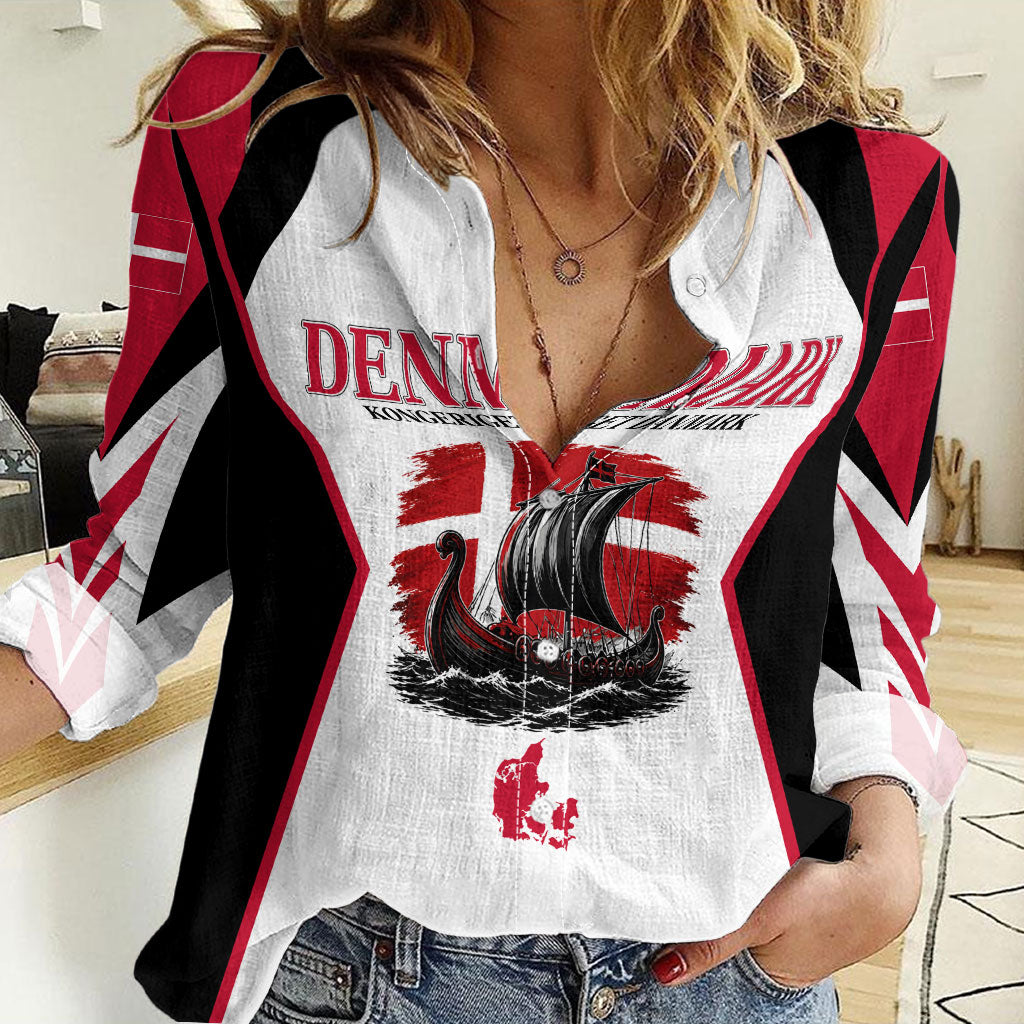 Personalized Denmark Viking Heritage Women Casual Shirt Nordic Nyhavn Cityscape With Grunge Flag And Longship Art