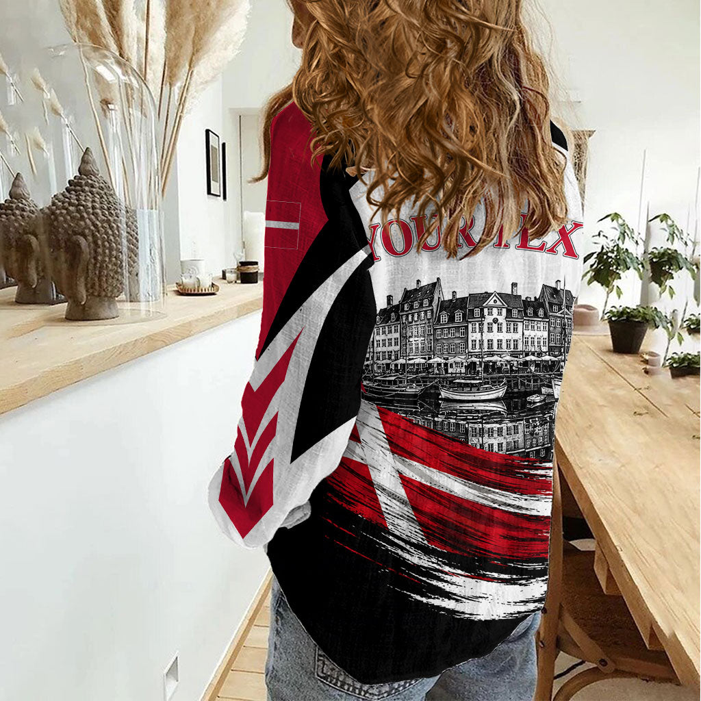 Personalized Denmark Viking Heritage Women Casual Shirt Nordic Nyhavn Cityscape With Grunge Flag And Longship Art