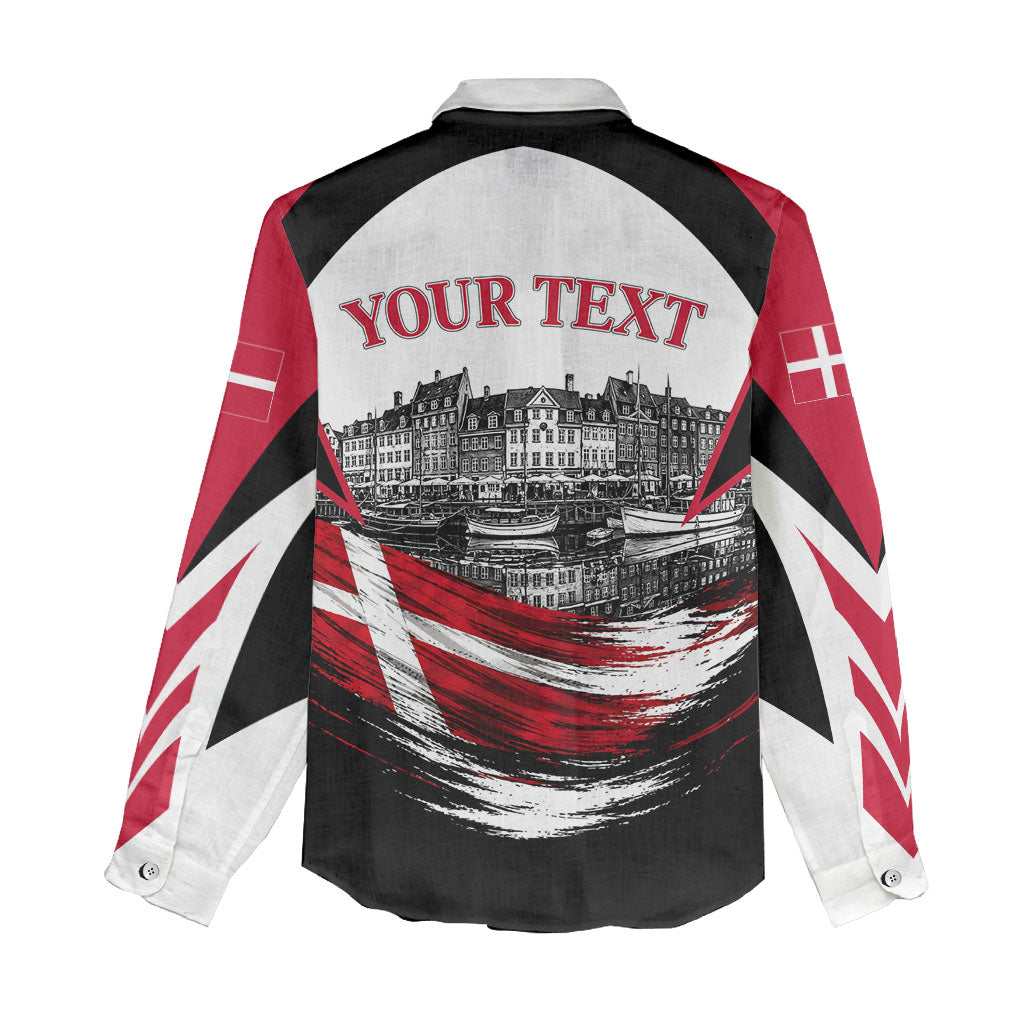 Personalized Denmark Viking Heritage Women Casual Shirt Nordic Nyhavn Cityscape With Grunge Flag And Longship Art