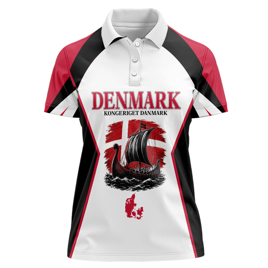 Personalized Denmark Viking Heritage Women Polo Shirt Nordic Nyhavn Cityscape With Grunge Flag And Longship Art