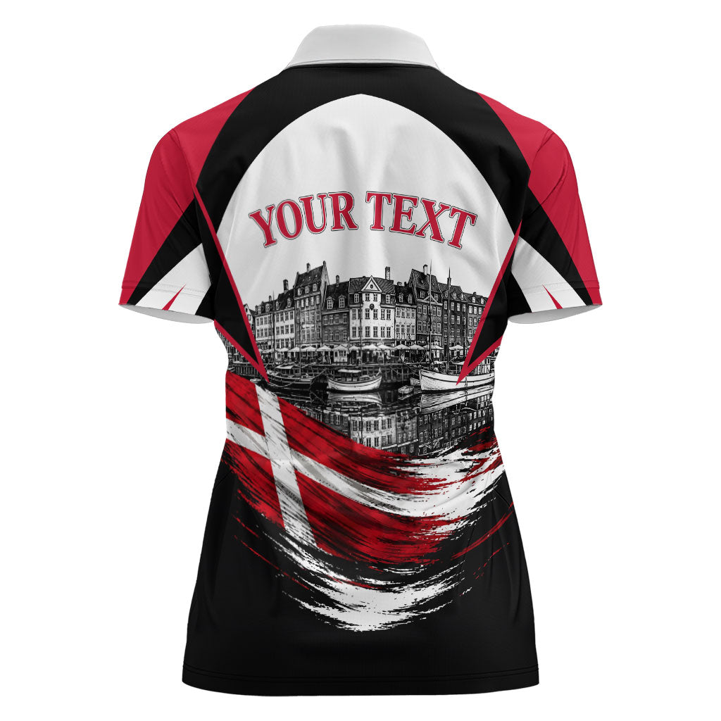 Personalized Denmark Viking Heritage Women Polo Shirt Nordic Nyhavn Cityscape With Grunge Flag And Longship Art