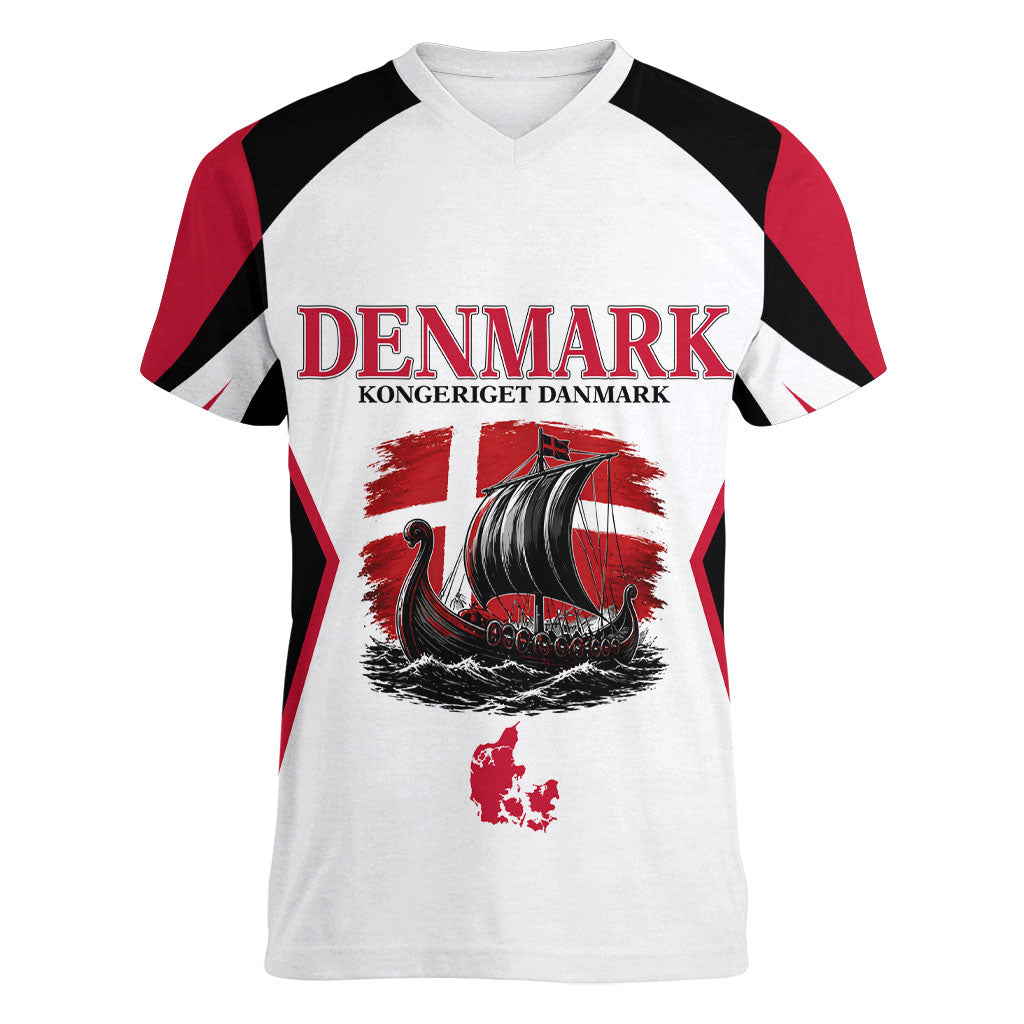 Personalized Denmark Viking Heritage Women V-Neck T-Shirt Nordic Nyhavn Cityscape With Grunge Flag And Longship Art