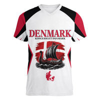 Personalized Denmark Viking Heritage Women V-Neck T-Shirt Nordic Nyhavn Cityscape With Grunge Flag And Longship Art