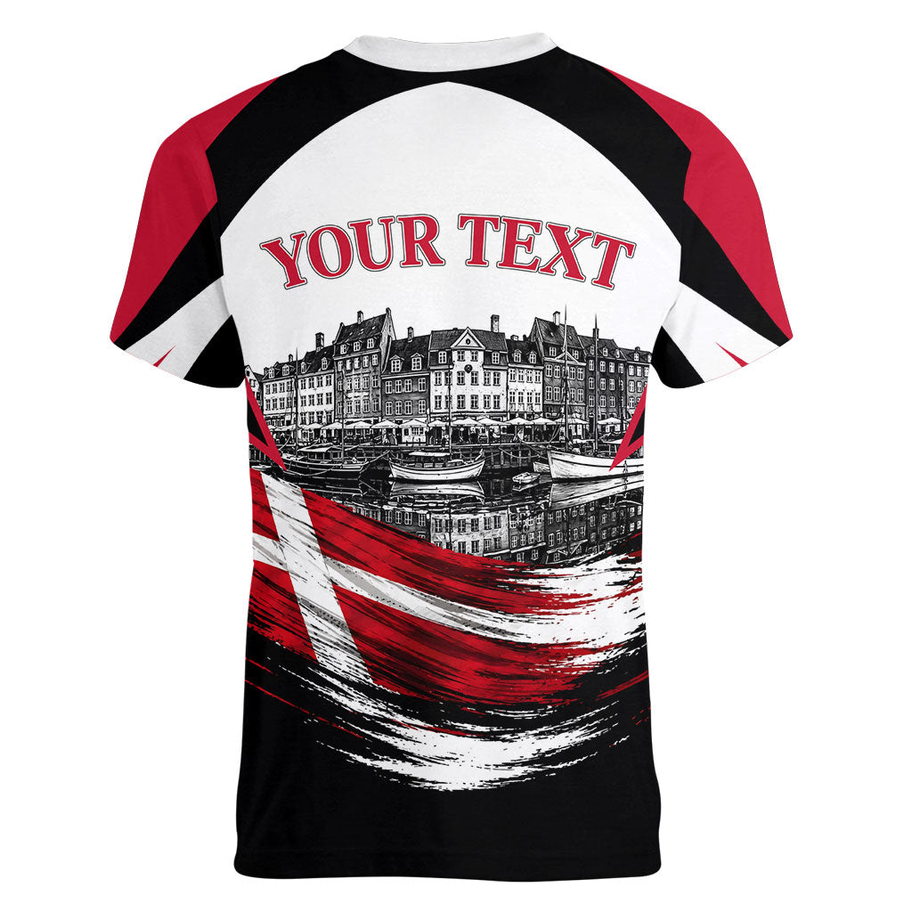 Personalized Denmark Viking Heritage Women V-Neck T-Shirt Nordic Nyhavn Cityscape With Grunge Flag And Longship Art