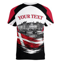Personalized Denmark Viking Heritage Women V-Neck T-Shirt Nordic Nyhavn Cityscape With Grunge Flag And Longship Art