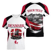 Personalized Denmark Viking Heritage Women V-Neck T-Shirt Nordic Nyhavn Cityscape With Grunge Flag And Longship Art