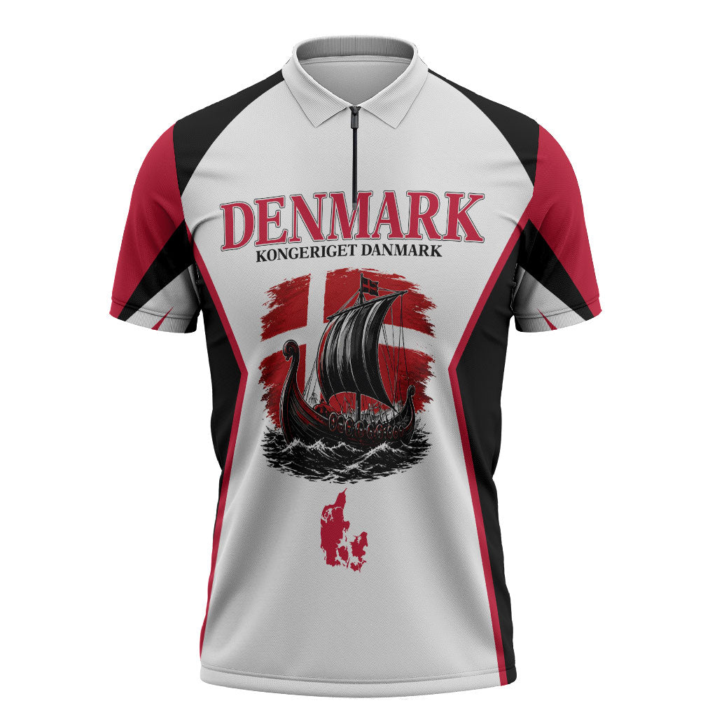 Personalized Denmark Viking Heritage Zipper Polo Shirt Nordic Nyhavn Cityscape With Grunge Flag And Longship Art