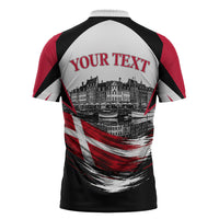 Personalized Denmark Viking Heritage Zipper Polo Shirt Nordic Nyhavn Cityscape With Grunge Flag And Longship Art