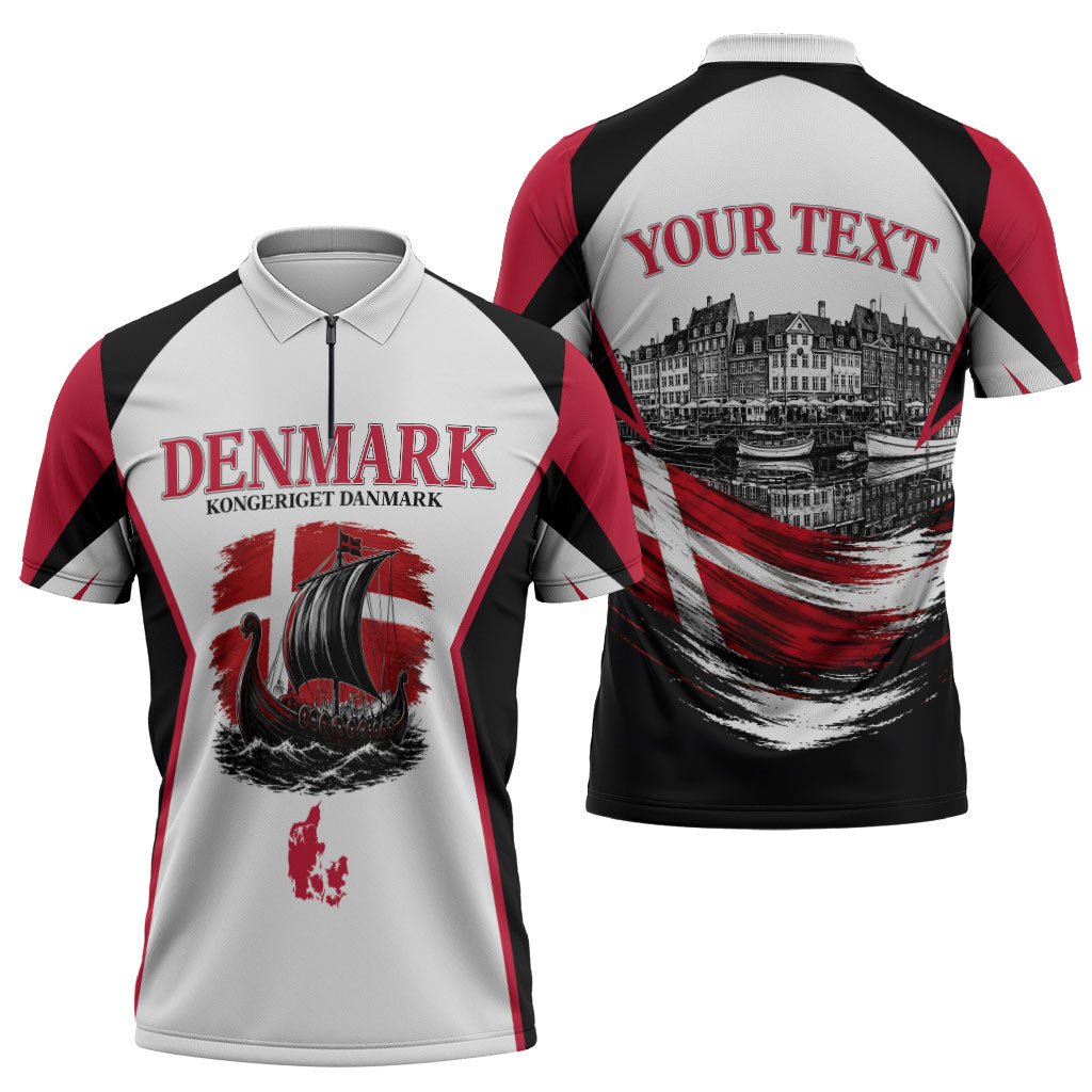 Personalized Denmark Viking Heritage Zipper Polo Shirt Nordic Nyhavn Cityscape With Grunge Flag And Longship Art