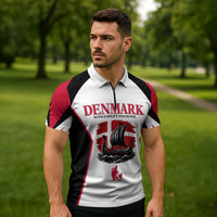 Personalized Denmark Viking Heritage Zipper Polo Shirt Nordic Nyhavn Cityscape With Grunge Flag And Longship Art