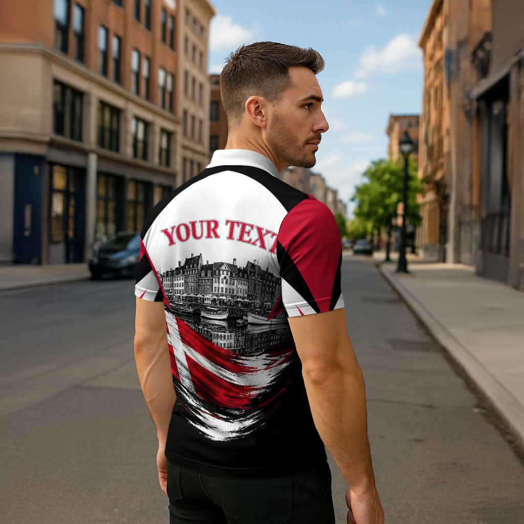 Personalized Denmark Viking Heritage Zipper Polo Shirt Nordic Nyhavn Cityscape With Grunge Flag And Longship Art