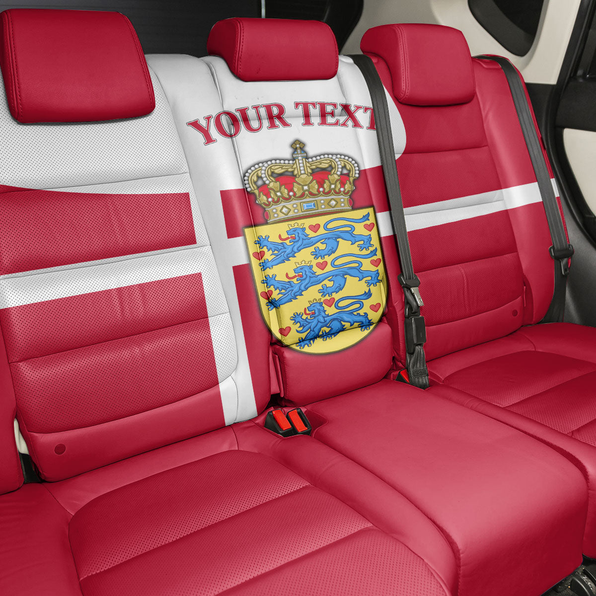 Personalized Denmark Coat Of Arms Back Car Seat Cover Danish Flag Heritage Graphic With Crown Symbolism