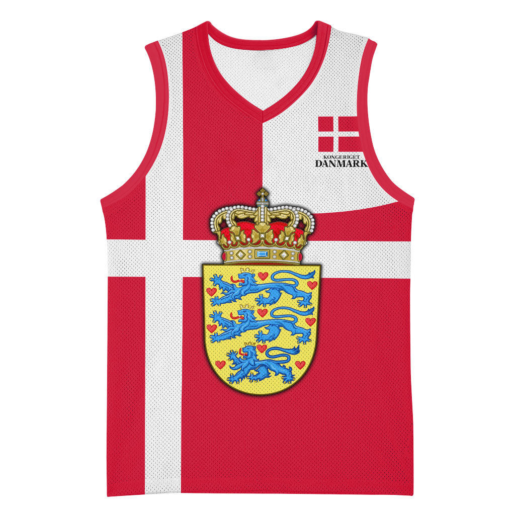 Personalized Denmark Coat Of Arms Basketball Jersey Danish Flag Heritage Graphic With Crown Symbolism
