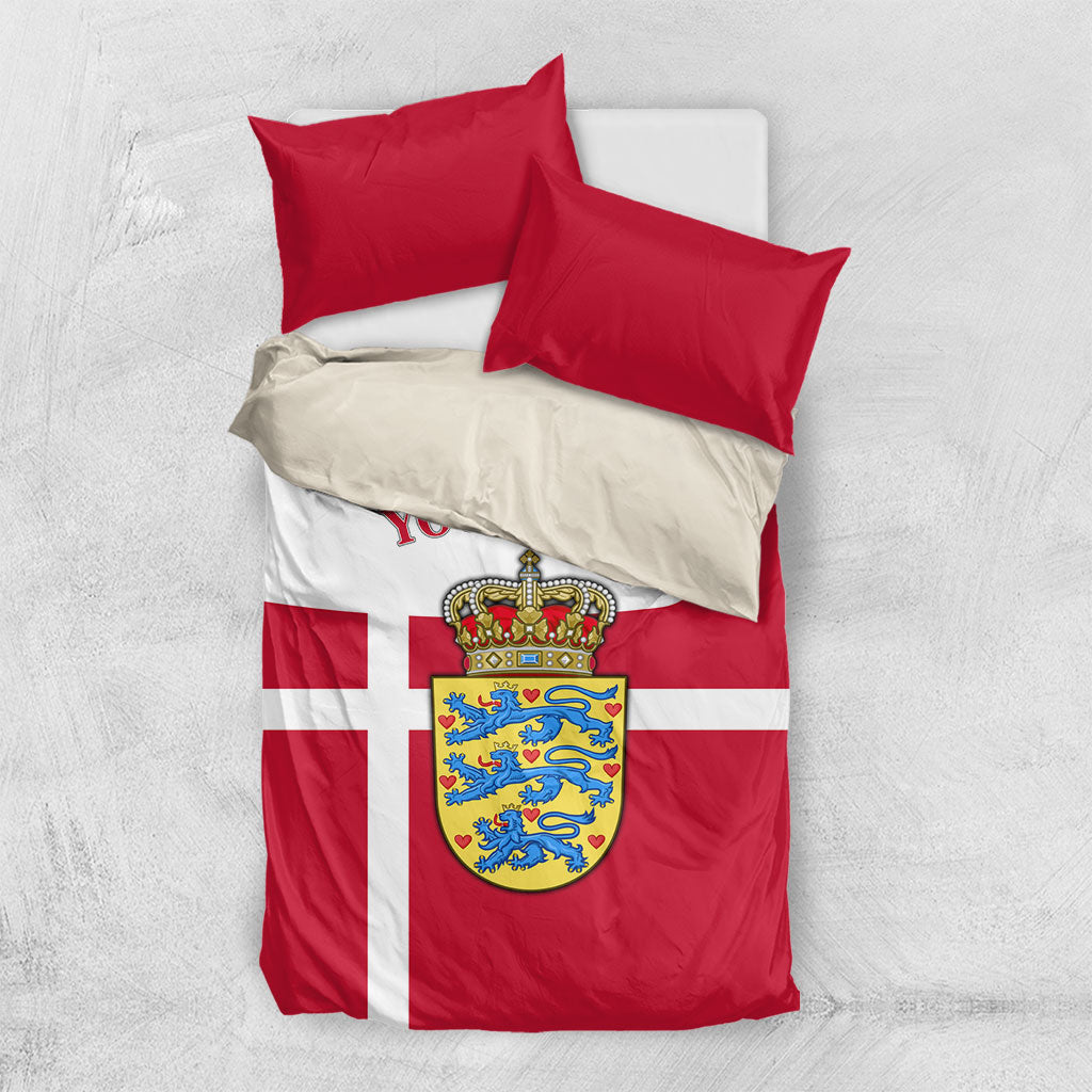 Personalized Denmark Coat Of Arms Bedding Set Danish Flag Heritage Graphic With Crown Symbolism