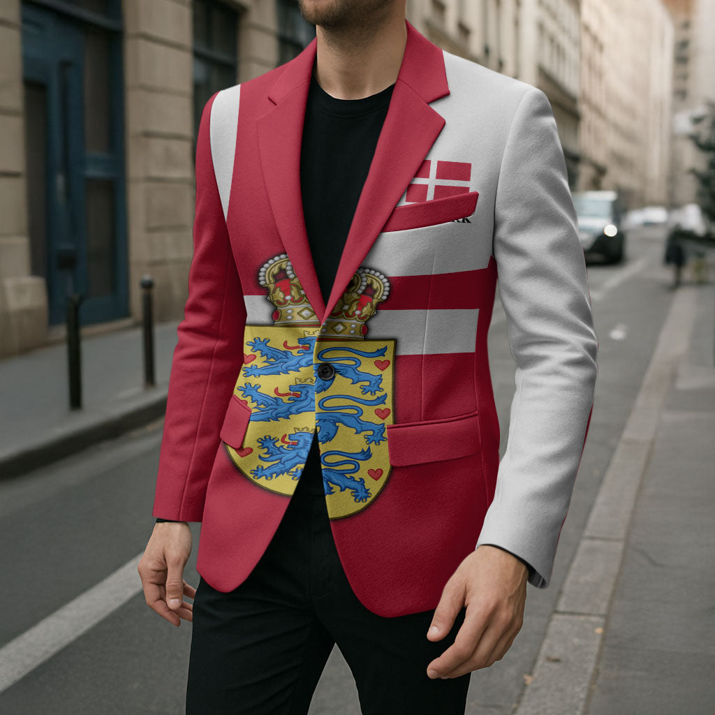 Personalized Denmark Coat Of Arms Blazer Danish Flag Heritage Graphic With Crown Symbolism