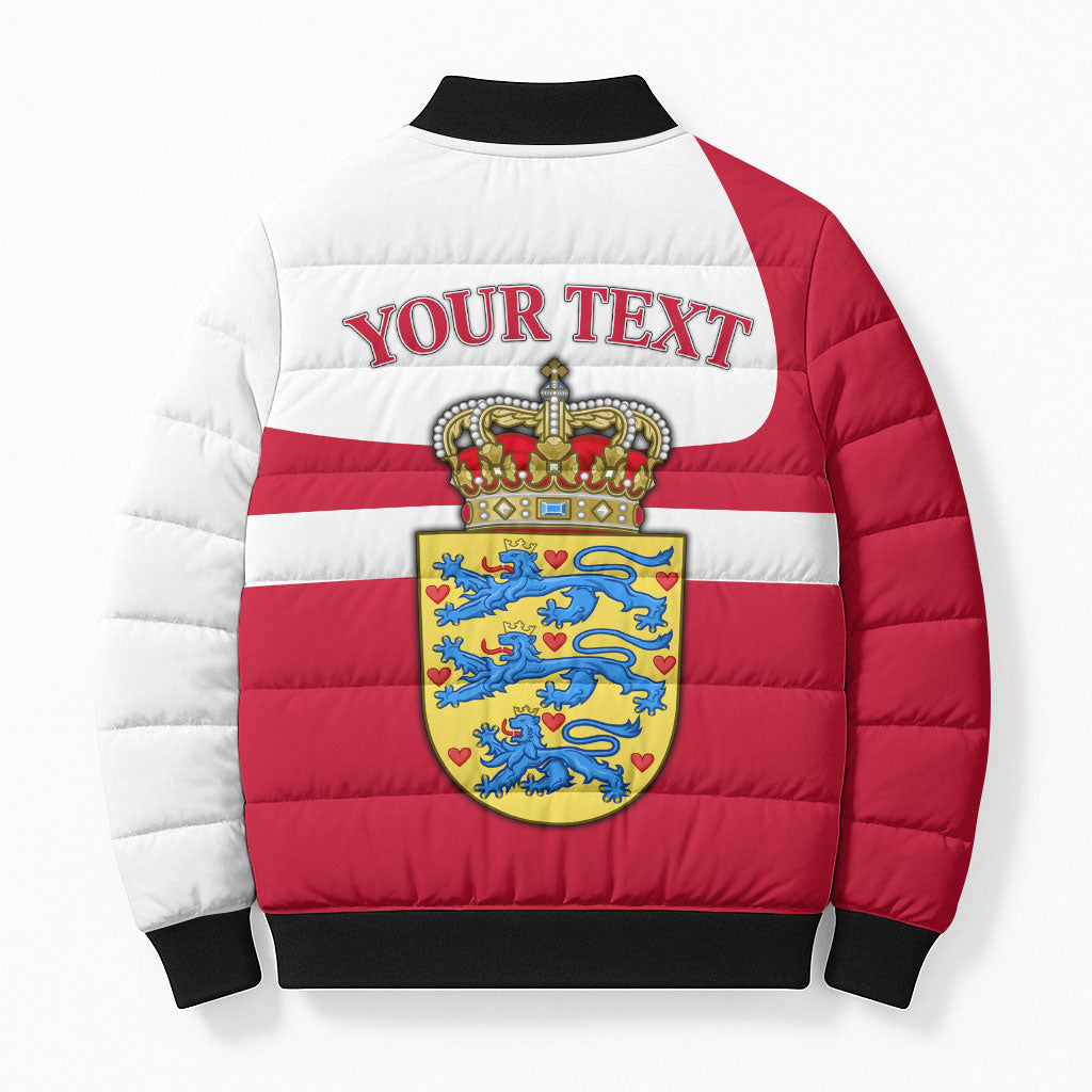 Personalized Denmark Coat Of Arms Bomber Puffer Jacket Danish Flag Heritage Graphic With Crown Symbolism
