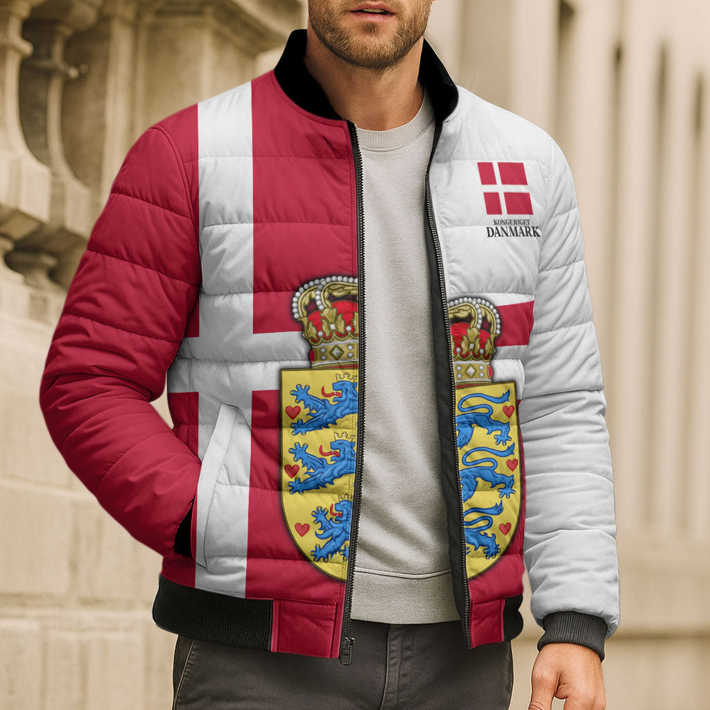 Personalized Denmark Coat Of Arms Bomber Puffer Jacket Danish Flag Heritage Graphic With Crown Symbolism