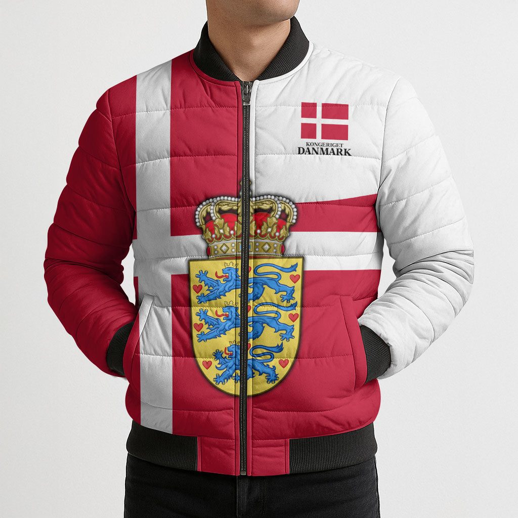 Personalized Denmark Coat Of Arms Bomber Puffer Jacket Danish Flag Heritage Graphic With Crown Symbolism
