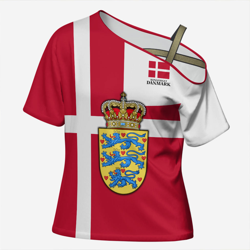 Personalized Denmark Coat Of Arms Cross Shoulder Shirt Danish Flag Heritage Graphic With Crown Symbolism