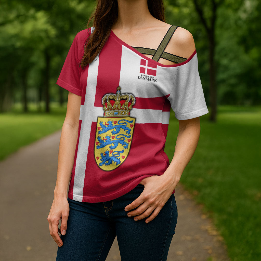Personalized Denmark Coat Of Arms Cross Shoulder Shirt Danish Flag Heritage Graphic With Crown Symbolism