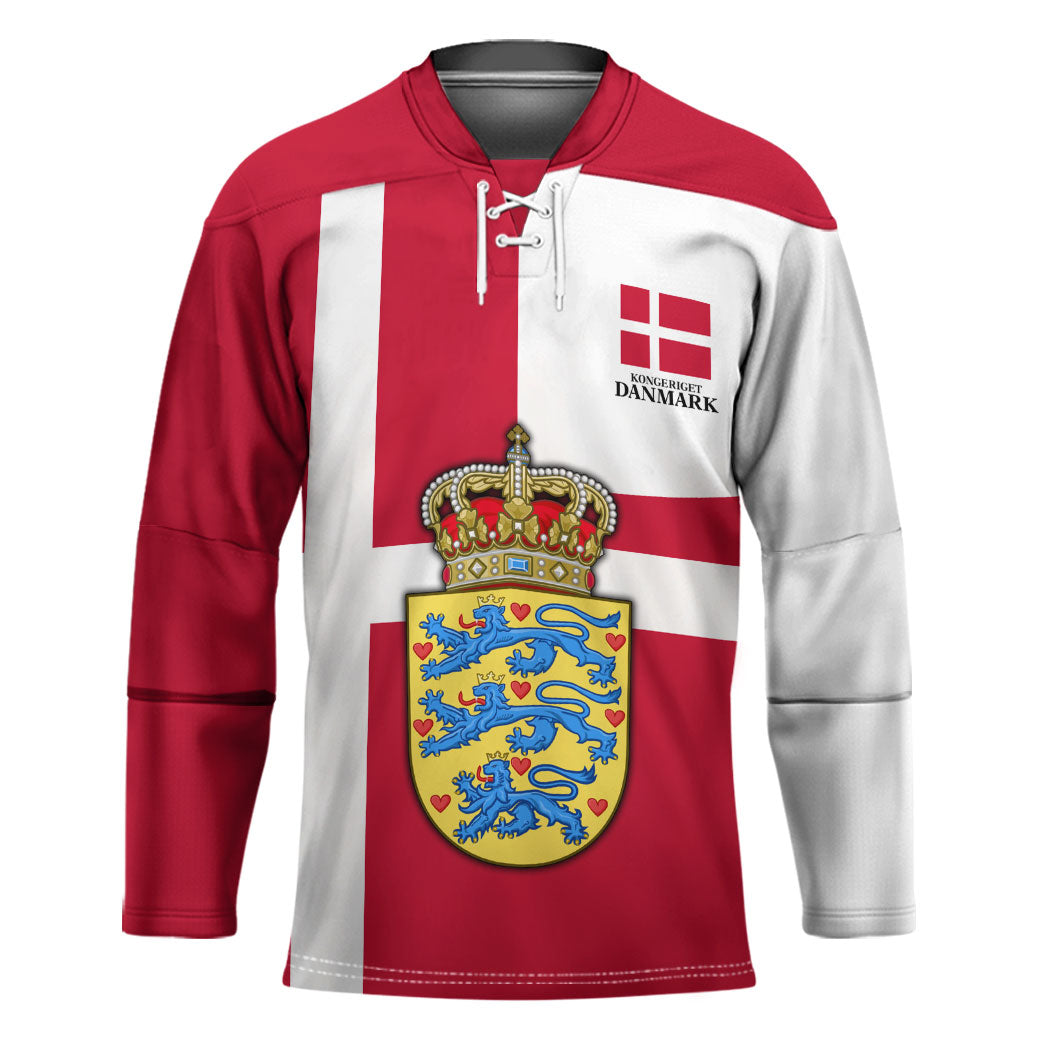 Personalized Denmark Coat Of Arms Hockey Jersey Danish Flag Heritage Graphic With Crown Symbolism