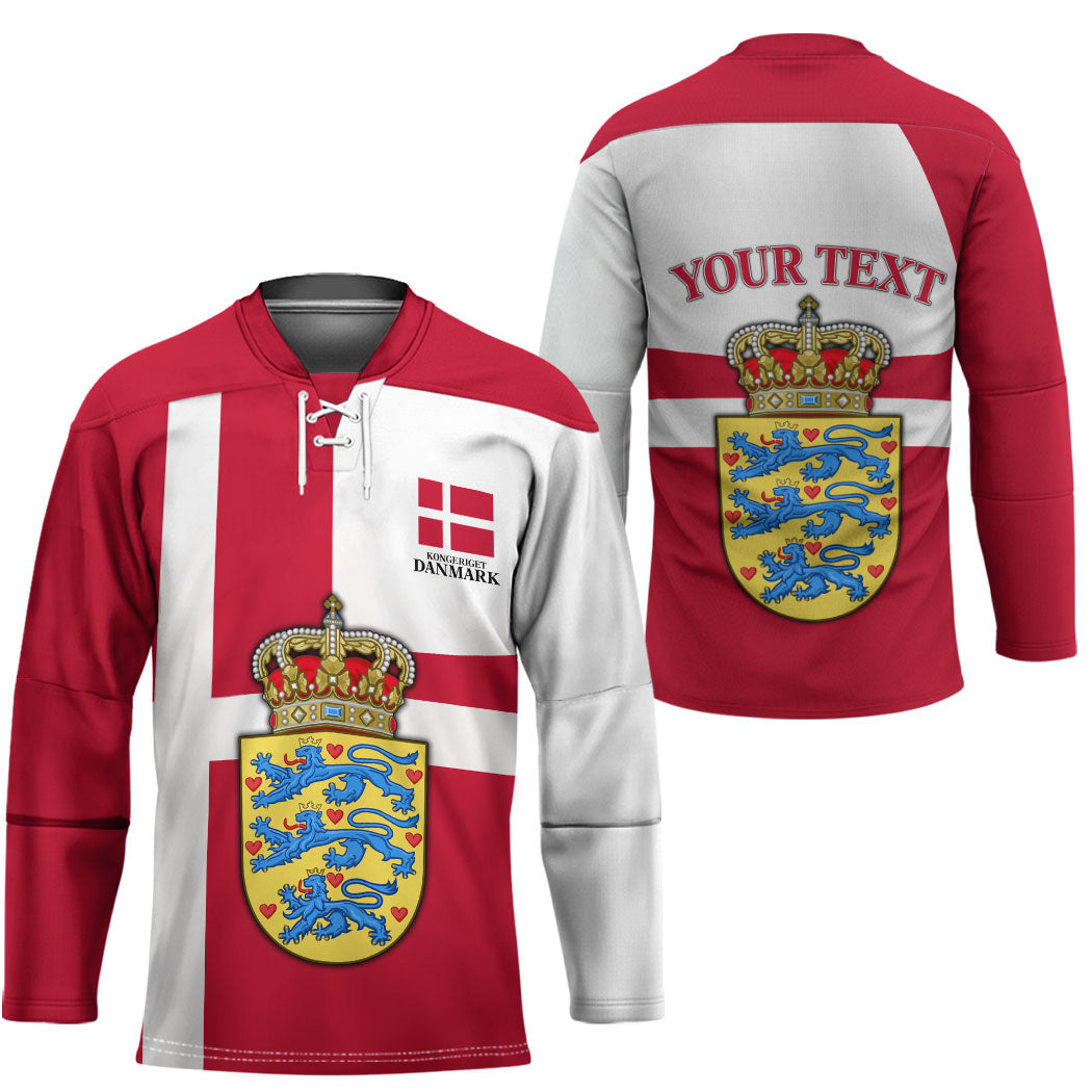 Personalized Denmark Coat Of Arms Hockey Jersey Danish Flag Heritage Graphic With Crown Symbolism