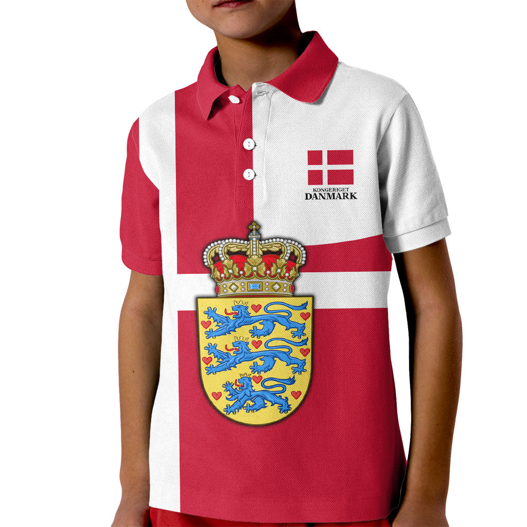 Personalized Denmark Coat Of Arms Kid Polo Shirt Danish Flag Heritage Graphic With Crown Symbolism